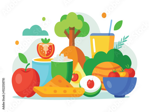 Healthy food illustration with fruits and vegetables isolated on white background
