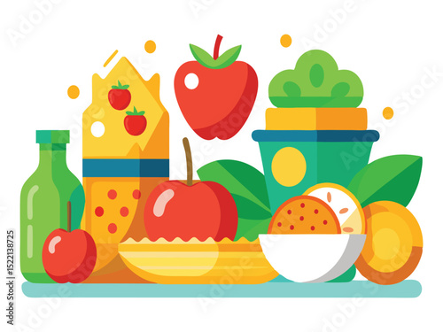 Healthy food composition with fruits and vegetables isolated on white background
