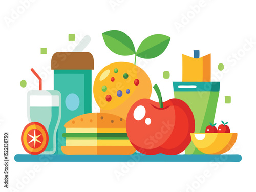 Healthy lunchbox with burger apple and drinks isolated on white background
