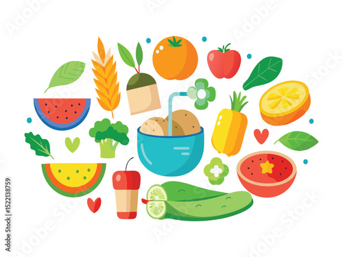 Colorful assortment of fresh fruits and vegetables isolated on white background
