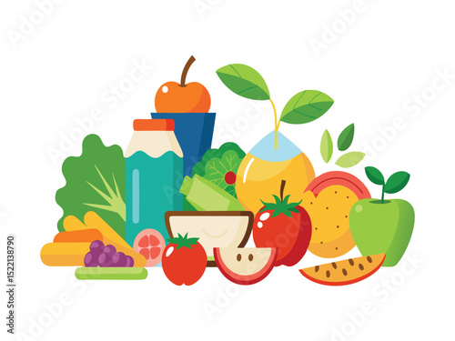 Healthy food illustration with fruits vegetables and drinks isolated on white background
