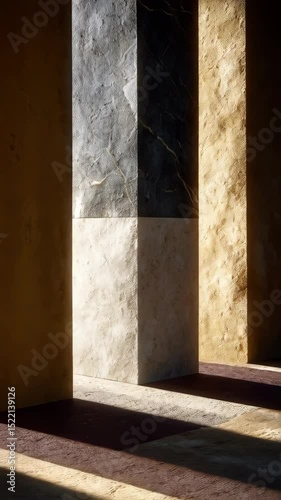 Architectural stone pillars with varied textures and light play forming shadows on the floor in an indoor space with warm colors.