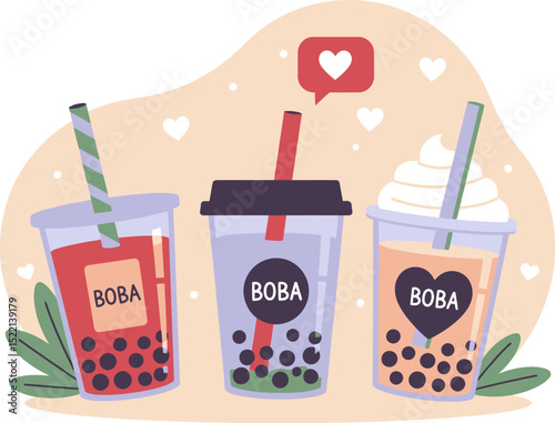 A flat vector illustrations of a happy boba drink, a symbol of love and celebration art design