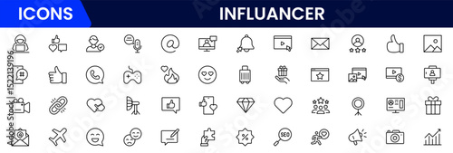 Influencer and blogging line icons collection. Big UI icon set in a flat design. Thin outline icons pack. Vector illustration