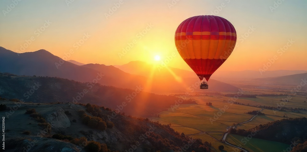 Fototapeta premium A vibrant hot air balloon floats serenely against a breathtaking sunrise, casting a long shadow on the tranquil landscape below Perfect for travel, adventure, and freedom themes , adventure, hot