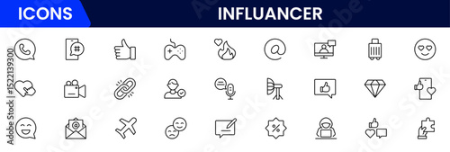 Influencer and blogging line icons collection. Big UI icon set in a flat design. Thin outline icons pack. Vector illustration