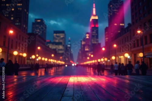 A vibrant cityscape at night, blurred lights suggesting the energy of a Broadway show, a spotlight shining on an empty stage, hinting at the magic to come ,  performance,  dream,  show