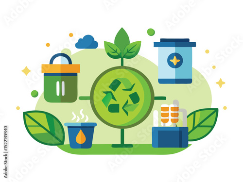 Recycling process illustration with green icons isolated on white background
