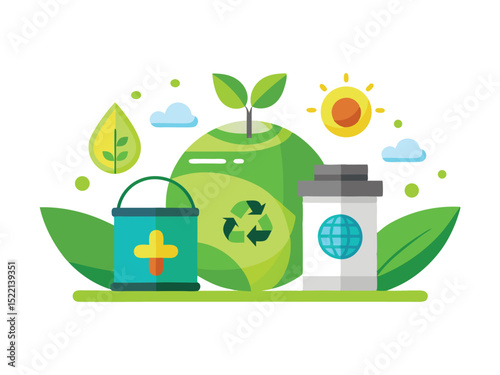 Eco friendly planet with recycling symbol and green leaves isolated on white background
