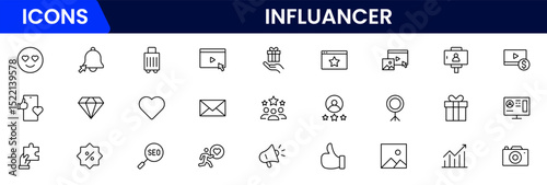 Influencer and blogging line icons collection. Big UI icon set in a flat design. Thin outline icons pack. Vector illustration