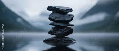Panel kuchenny z motywem Balanced Stones on Still Water Surrounded by Misty Mountains at Twilight