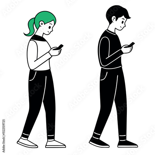 People walking using mobile phones smartphones checking social media