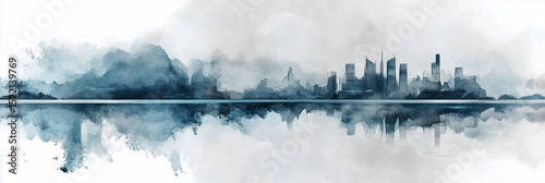 Abstract painting of a modern city skyline on a white background, featuring subtle reflections and a calming palette of soft blues and grays, conveying tranquility and urban beauty.