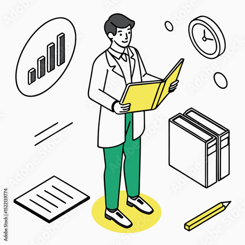 Examining Data Insights Man Reads Book For Financial Analysis