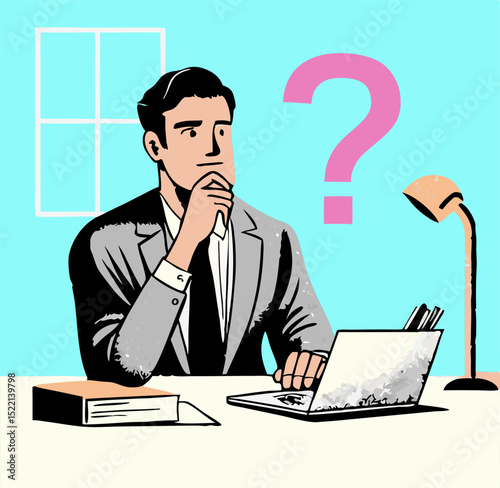 Businessman pondering decision at desk with laptop