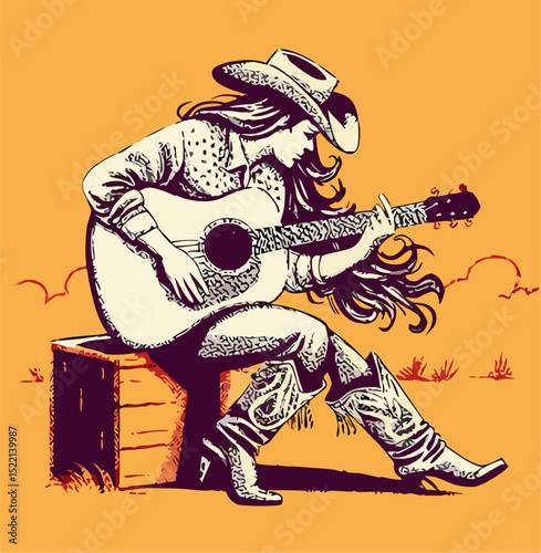 Cowgirl Playing Acoustic Guitar, Country Music Illustration