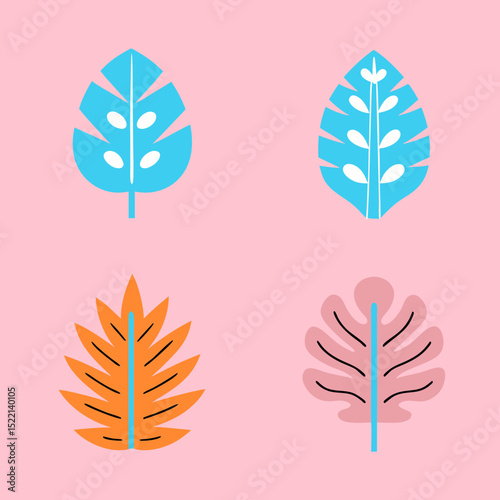 Four colorful stylized leaves on a pink background flatlay