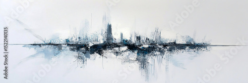 Abstract painting of a modern city skyline on a white background, featuring subtle reflections and a calming palette of soft blues and grays, conveying tranquility and urban beauty.
