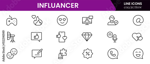 Influencer and blogging line icons collection. Big UI icon set in a flat design. Thin outline icons pack. Vector illustration