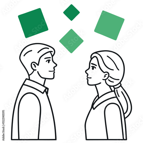 Understanding People Interacting Around Three Green Abstract Shapes Illustration