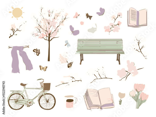 Spring Park Sticker Set – Pastel Illustration of Benches, Trees, Bicycles and Blossoms