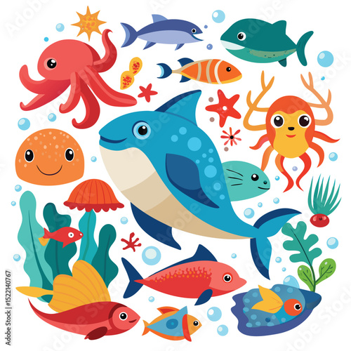 set of funny cartoon fishes