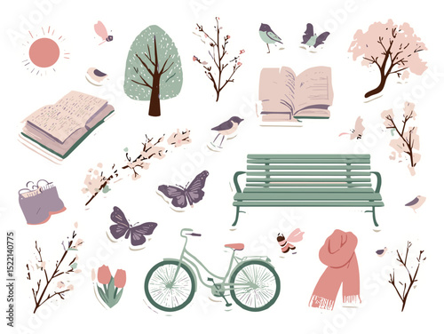 Spring Park Sticker Set – Pastel Illustration of Benches, Trees, Bicycles and Blossoms
