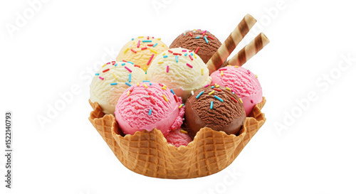 Ice cream scoops in a waffle bowl with sprinkles and wafer sticks on black back