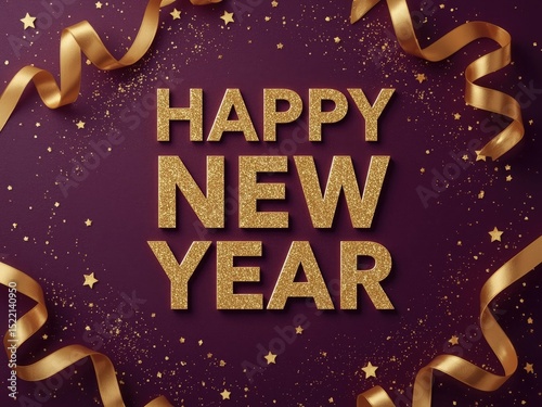 Happy new year glitter text with gold ribbons