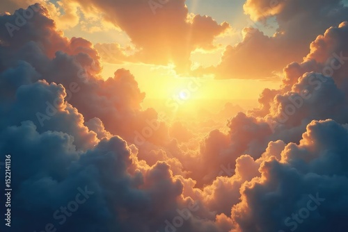 Golden light streams through clouds, illuminating a majestic, ethereal landscape; a scene of divine, godly power and serenity , gold, celestial