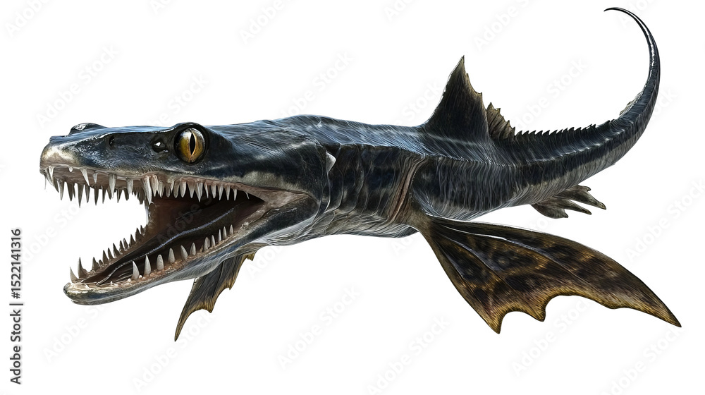 Fototapeta premium A stunning illustration of a unique water creature with a distinctive reptilian head and sharp teeth swims gracefully through the depths, its form a masterful blend of marine and prehistoric elements.