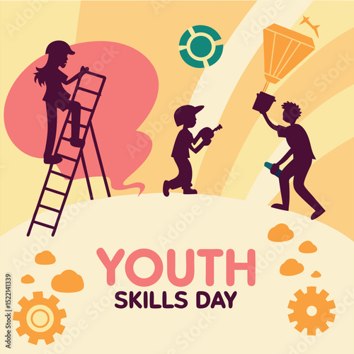 Youth Skills Day: A stylized illustration celebrating youth skills day. It depicts silhouettes of children engaged in various activities. The artwork is designed to evoke a sense of enthusiasm.