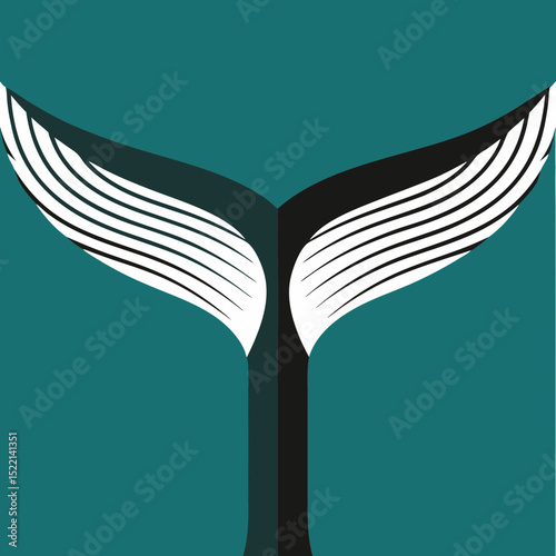 Whale tail with white stripes against teal background art