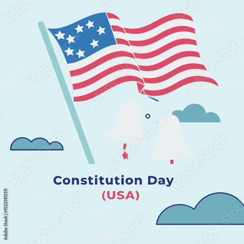 Constitution Day USA: A symbolic illustration of the United States flag waving proudly on Constitution Day, complete with iconic liberty bells and playful clouds against a clean sky background.