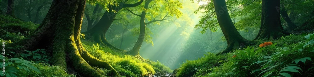 Naklejka premium Lush green canopy of a temperate rainforest, dappled sunlight filtering through leaves, moss-covered trees and ferns on the forest floor , plant life, undergrowth, woodsy