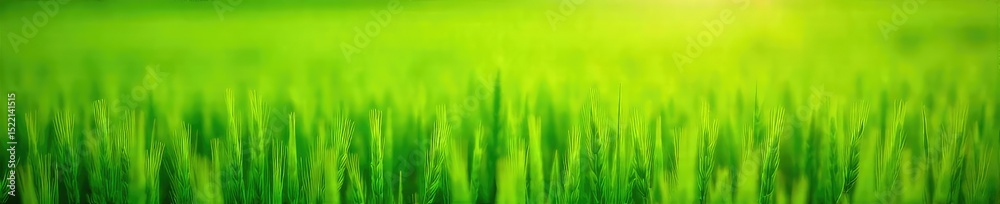 Naklejka premium Lush green field of herd grass swaying gently in the breeze, sunlight illuminating its vibrant blades Perfect for agriculture, farming, and nature themes , pasture, feed, blades