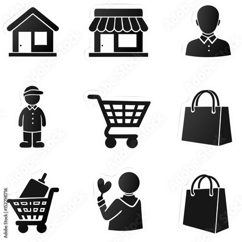 Collection of E-commerce and Shopping Icons on Black Background Representing Online Retail