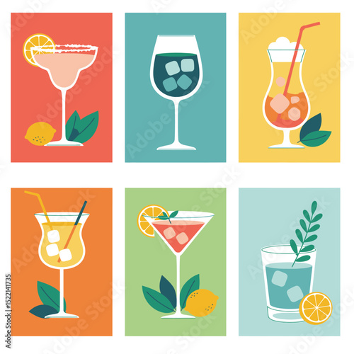 Set of various alcoholic and non-alcoholic drink illustrations with fruit, ice, and glass icons perfect for a bar or party