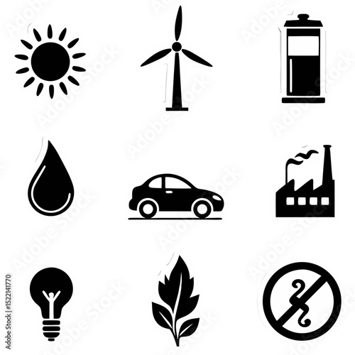 Collection of Eco-Friendly Icons Representing Renewable Energy and Sustainability Concepts