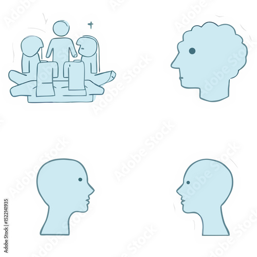Conceptual illustration depicting teamwork, communication, and the human mind in a minimalist style