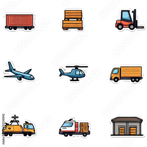 Set of transportation icons: train, pallet, forklift, airplane, helicopter, truck, tow truck