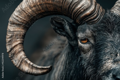 Intense close-up portrait of a powerful ram showcasing its large textured horn and expressive eye