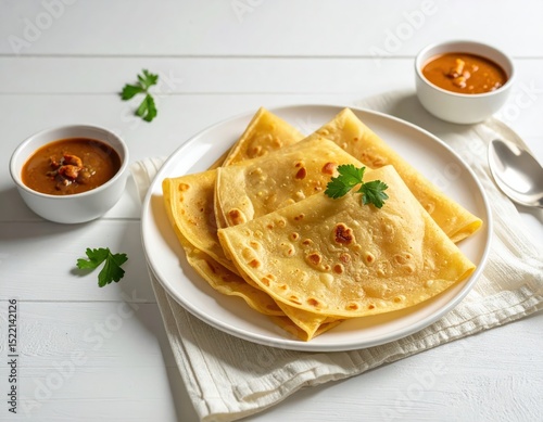 Freshly Made Roti Jala Curry Served on a White Plate with Simple Tablecloth Background
