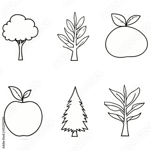 Black and White Illustration of Various Trees and Fruits for Nature and Design