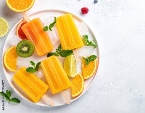 Colorful Fruit Popsicles on White Plate with Fresh Fruits on Top Down View