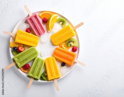 Colorful Fruit Popsicles on a White Plate with Melting Drops and Fresh Fruit Garnish
