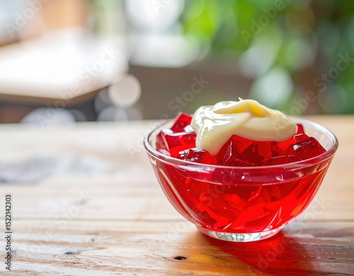 Bowl of Red Jelly with Creamy Topping on Wooden Table in Soft Background