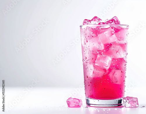 Refreshing Pink Drink with Ice Cubes and Water Droplets on a Clean White Background