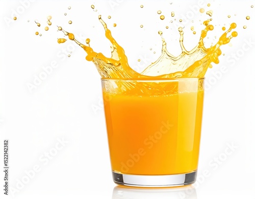 Orange Juice Glass with Splash Captured in Motion Isolated on White Background