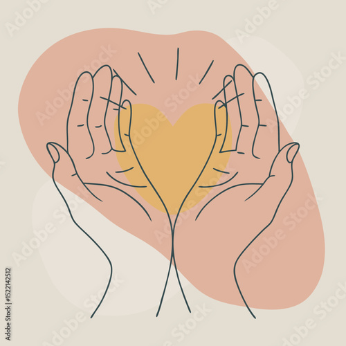 Two hands holding a heart with light rays illustration
